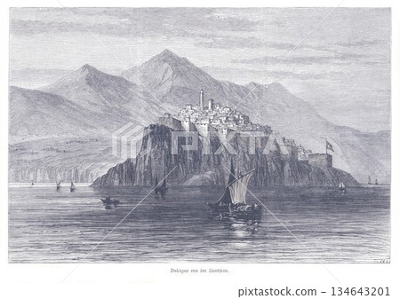 Ancient Ulcinj Fortress Overlooking Calm Sea With Sailboats And Mountainous Backdrop Ancient Ulcinj Fortress Overlooking Calm Sea With Sailboats And Mountainous Backdrop 134643201