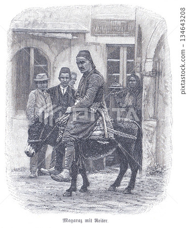 Donkey Rider In A Medieval Market Scene With Onlookers And A Woman In The Background 134643208