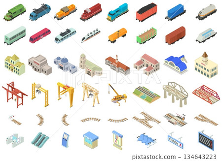 Railway station icons set, isometric style 134643223