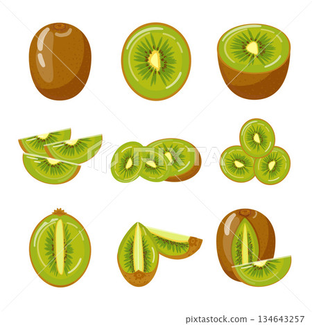 Kiwi icons set cartoon vector. Fruit cultivation Kiwi icons set cartoon vector. Fruit cultivation 134643257