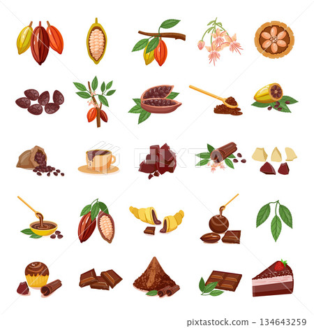 Cocoa icons set cartoon vector. Chocolate leaf 134643259