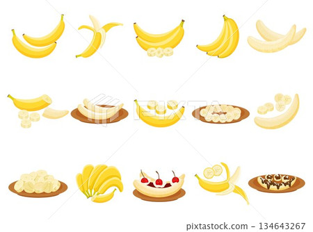 Banana icons set cartoon vector. Monkey peel 134643267