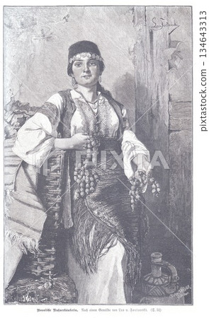 Bosnian Woman In Traditional Folk Dress With Beads And Embroidered Garment In Rustic Interior 134643313
