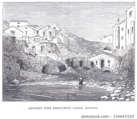 Ancient Tide Execution Cells in Ragusa: A Rocky Harbor Scene of Historic Architecture Ancient Tide Execution Cells in Ragusa: A Rocky Harbor Scene of Historic Architecture 134643320
