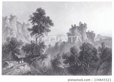 Enchanting Mountain Landscape With Couple Walking On a Path Amid Rocks and Trees Enchanting Mountain Landscape With Couple Walking On a Path Amid Rocks and Trees 134643321