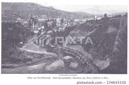 Historic Sarajevo City Scene With River Bend, Hillside Buildings And Old Town Charm Historic Sarajevo City Scene With River Bend, Hillside Buildings And Old Town Charm 134643338