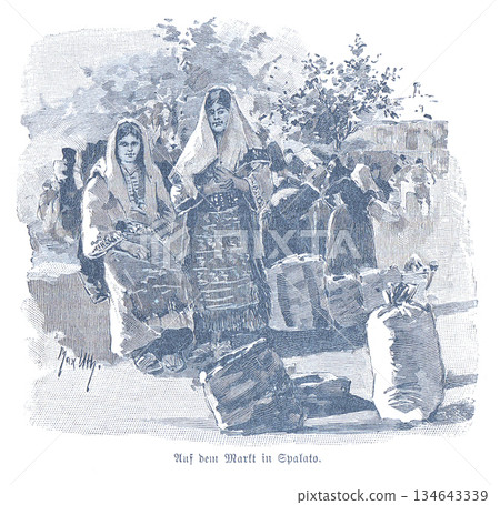 Market Scene in Split: Women and Families in Traditional Dalmatian Dress at Pijaca U Splitu, A Bustling Coastal Market With Goods And Travelers Market Scene in Split: Women and Families in Traditional Dalmatian Dress at Pijaca U Splitu, A Bustling Coastal Market With Goods And Travelers 134643339