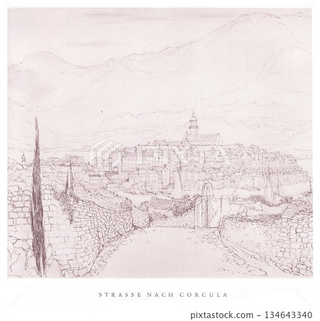 Strasse Nach Corcula: Delicate Pencil Sketch Of A Croatian Coastal Town With Stone Walls And Hills Strasse Nach Corcula: Delicate Pencil Sketch Of A Croatian Coastal Town With Stone Walls And Hills 134643340