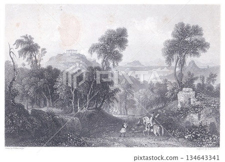 Ancient Landscape With Ruins, Travelers, and Distant Temple Over Hilly Forest—Serene Pastoral Scene 134643341