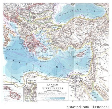 Vintage Map of the Mediterranean Lands: Historical Cartography of Europe, Asia, and Africa Vintage Map of the Mediterranean Lands: Historical Cartography of Europe, Asia, and Africa 134643342