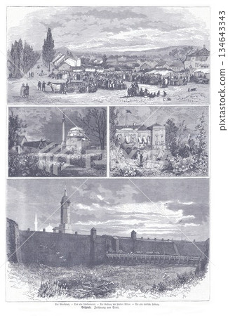 Historic Belgrade Market Scene With Church, Fortified Walls, and Riverside Promenade at Dusk 134643343