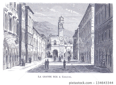 La Grande Rue À Raguse: Historic Street Scene With Clock Tower And Arched Walkways La Grande Rue À Raguse: Historic Street Scene With Clock Tower And Arched Walkways 134643344