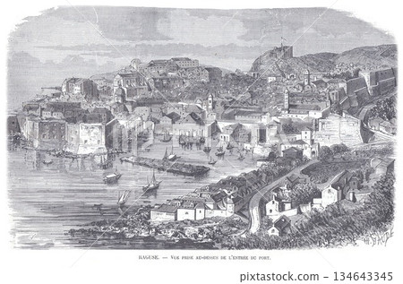 Ragusa Harbor View From Port Entrance: Historic Town, Boats, and Cliffside Structures 134643345