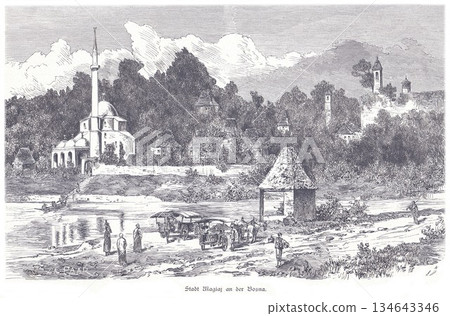 Maglaj Town by the Bosna River: Mosque, Riverside Life, and Historic Village Scene With Carts Maglaj Town by the Bosna River: Mosque, Riverside Life, and Historic Village Scene With Carts 134643346