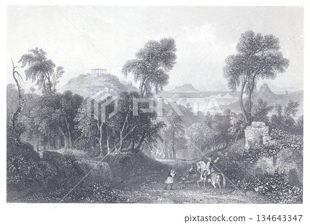 Historic Landscape With Soldiers on Path Toward Ruins and Hilltop Temple in Lush Forest 134643347