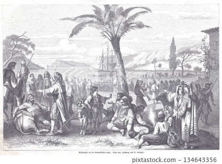 Travelers and Locals Awaiting Ship in Dalmatia: Historical Harbor Scene With Crowded Quay 134643356