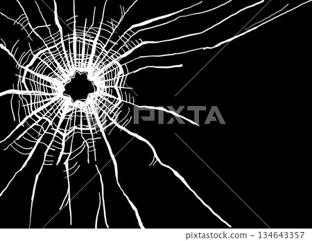 Broken glass crack with shattered window. Vandalism, crime and danger concept. Fracture and breakage on black background for hazard, accident or decorative art. Vector texture Broken glass crack with shattered window. Vandalism, crime and danger concept. Fracture and breakage on black background for hazard, accident or decorative art. Vector texture 134643357