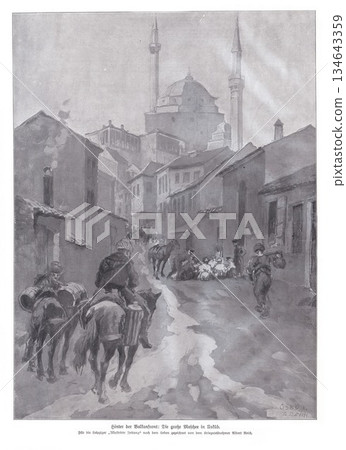 Historic Balkan Street Scene Featuring Mosque, Donkeys, and Market Activity in Shadowed Alleys Historic Balkan Street Scene Featuring Mosque, Donkeys, and Market Activity in Shadowed Alleys 134643359