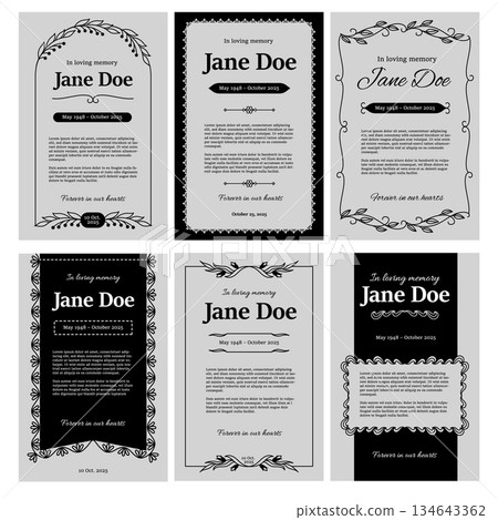 Sympathy obituary card with decorative border and classic wreath for funeral or memorial service. Loving remembrance and tribute message. Vector template for condolence postcard with elegant script 134643362