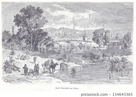 Historic BanjaLuka Scene By Vrbas River With Bridge, People, and Townscape Sketch 134643365