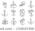 Vintage nautical anchor logo for marine travel or home decoration, faith and love lettering in retro line design. Minimal vector outline for tattoo, hope and family symbol 134643366