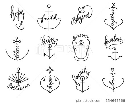 Vintage nautical anchor logo for marine travel or home decoration, faith and love lettering in retro line design. Minimal vector outline for tattoo, hope and family symbol Vintage nautical anchor logo for marine travel or home decoration, faith and love lettering in retro line design. Minimal vector outline for tattoo, hope and family symbol 134643366
