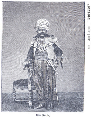 Turkish / Kurdish Nobleman in Traditional Dress with Turban and Sword, Standing Beside a Chair – Historic Portrait of Culture, Fashion and Heritage Turkish / Kurdish Nobleman in Traditional Dress with Turban and Sword, Standing Beside a Chair – Historic Portrait of Culture, Fashion and Heritage 134643367