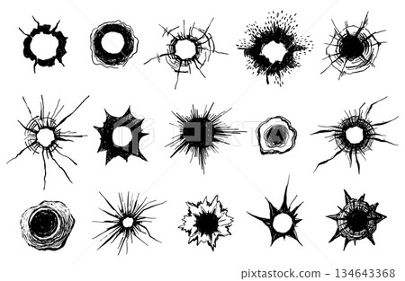 Gunshot bullet hole with impact crack and break in concrete, glass or metal, realistic war and military damage effect. Circular vector silhouettes for target, hunt and sniper, crime design Gunshot bullet hole with impact crack and break in concrete, glass or metal, realistic war and military damage effect. Circular vector silhouettes for target, hunt and sniper, crime design 134643368