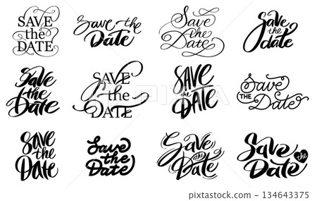 Save the Date word art for love and marriage with handwritten script or brush calligraphy. Vector graphic design for wedding invitations cards and celebration banner in retro elegant style 134643375