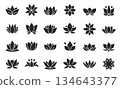 Lotus flower logo. Yoga and wellness icons, simple line art for spa, meditation and spiritual branding. Floral vector set, natural harmony concept and beauty or fashion business template 134643377
