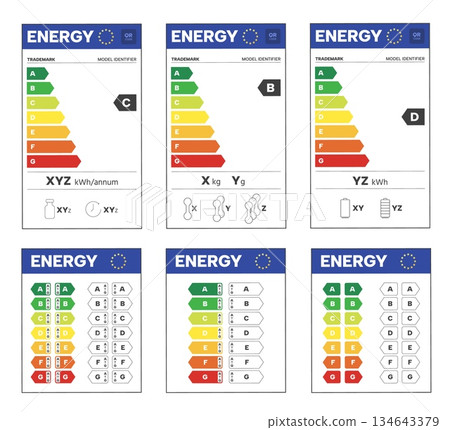 EU energy label. Green to red rating arrows for home appliance efficiency class, economical power consumption and eco standards. Bar chart and light bulb for economic diagnostic vector set EU energy label. Green to red rating arrows for home appliance efficiency class, economical power consumption and eco standards. Bar chart and light bulb for economic diagnostic vector set 134643379