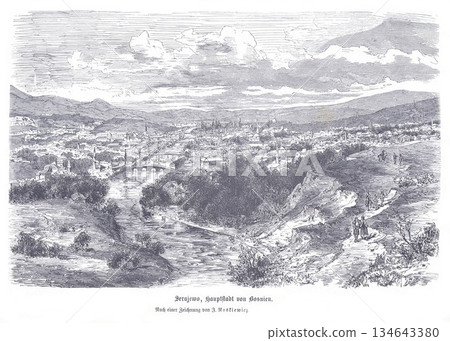 Historic Sarajevo City View From Komandant Hill Overlooking River and Bridges 134643380