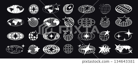 Retro Y2K globe logo. Minimal 2000s and 70s graphic with holographic posters with stars and groovy forms for global badge, decorative banner isolated vector elements 134643381