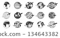 Global travel and airline logistics icons. Plane flying around Earth for worldwide flight international communication. Vector set with map, location, GPS pin. Transport, deliver globe pictogram 134643382