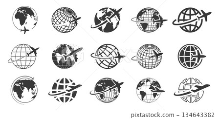 Global travel and airline logistics icons. Plane flying around Earth for worldwide flight international communication. Vector set with map, location, GPS pin. Transport, deliver globe pictogram 134643382