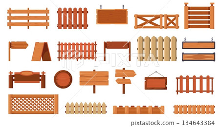 Wooden sign board. Cartoon empty wood panel arrow pointer, vintage blank timber plaque game UI elements, rustic hanging game banners. Vector isolated set 134643384