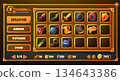 Game inventory. Fantasy RPG interface frame elements for adventure game with icons of weapon, armor, food, potions, stats and gold. Vector game GUI screen panel 134643386