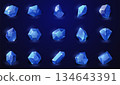 Blue gem stones. Game crystal diamond UI, cartoon shiny magic sapphire crystals, luxury blue diamonds glowing gemstone treasure game asset design. Vector diamond collection 134643391