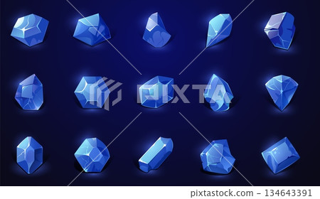 Blue gem stones. Game crystal diamond UI, cartoon shiny magic sapphire crystals, luxury blue diamonds glowing gemstone treasure game asset design. Vector diamond collection 134643391