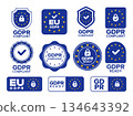 GDPR. General data protection regulation compliant labels, privacy policy certificate and safe personal information emblems. Vector GDPR stamp set 134643392