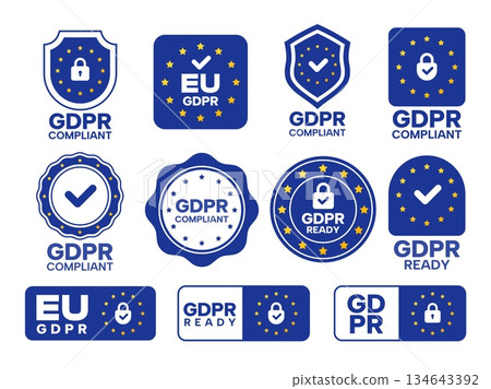 GDPR. General data protection regulation compliant labels, privacy policy certificate and safe personal information emblems. Vector GDPR stamp set 134643392