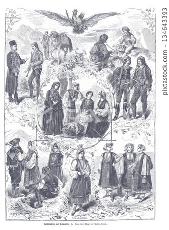 Dalmatian Folk Costumes In Mountain Landscape With People In Traditional Dress And Scenes 134643393