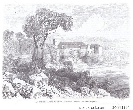 Historic Island Landscape With Trees, Water, and Distant Buildings on Lokrum Island, Croatia Historic Island Landscape With Trees, Water, and Distant Buildings on Lokrum Island, Croatia 134643395