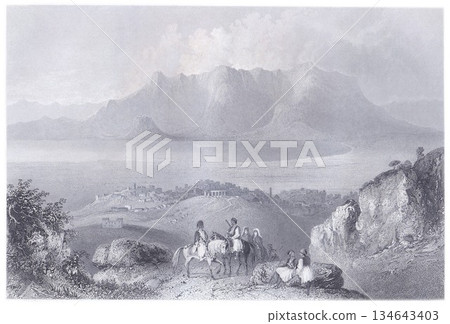 Horsemen And Villagers Above a Seaside Town With Mountain Backdrop In A Dreamy Landscape Horsemen And Villagers Above a Seaside Town With Mountain Backdrop In A Dreamy Landscape 134643403