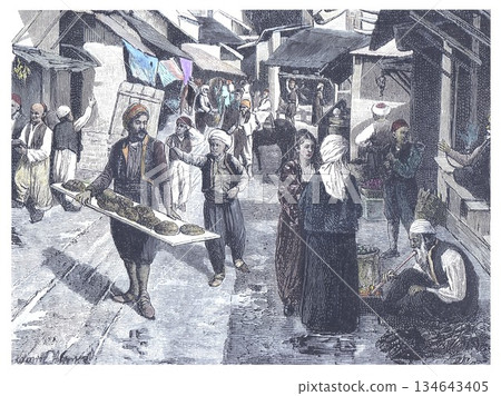 Bustling Sarajevo Market Scene With Bread Seller And Shoppers In Historic City Center, Traditional Clothing, And Daily Life In A Timeless Bazaar Bustling Sarajevo Market Scene With Bread Seller And Shoppers In Historic City Center, Traditional Clothing, And Daily Life In A Timeless Bazaar 134643405