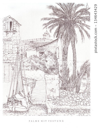 Palm Trees By Fortress Overlooking Quiet Harbor With A Docked Sailboat In Mediterranean Village Palm Trees By Fortress Overlooking Quiet Harbor With A Docked Sailboat In Mediterranean Village 134643429