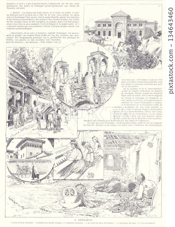Historic Sarajevo Collage Featuring Streets, Mosque, Market Scene, and Daily Life in Vintage Illustration 134643460