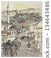Bustling Sarajevo Old Town Street Scene With Minaret, Horsemen, Market, and Hillside Houses 134643486