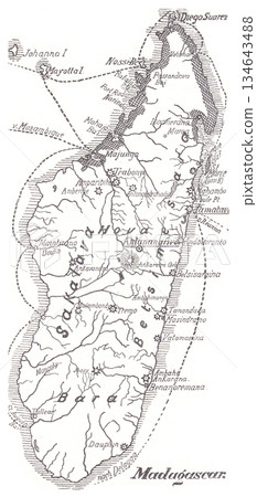 Antique Historical Map Of Madagascar With Coastline, Mountains, Rivers, Inland Regions And Island Geography Antique Historical Map Of Madagascar With Coastline, Mountains, Rivers, Inland Regions And Island Geography 134643488