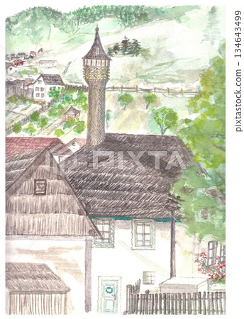 Charming Alpine Village Scene With Tall Clock Tower And Sloped Roofing, Watercolor Artwork Of Pastoral Landscape Charming Alpine Village Scene With Tall Clock Tower And Sloped Roofing, Watercolor Artwork Of Pastoral Landscape 134643499